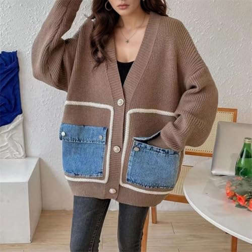 Image of FindThy Women's Casual Button Up Cardigan Oversized Long Sleeve Jean Patchwork Sweater Cardigans