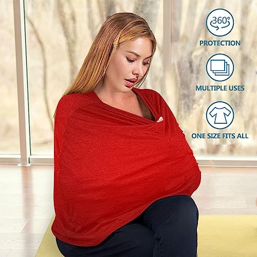 Image of Moudou Red Solid Color Baby Car Seat Cover, Soft Stretchy Infant Carseat Canopy Cover Newborn Nursing Breastfeeding Cover for Stroller, High Chair, Shopping Cart