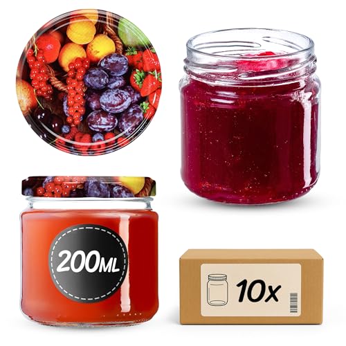 KADAX Tarros Pequeños de 200 ml, Botes de Cristal con Tapa Hermética de 66 mm para Miel, Conservas, Especias y Mermeladas (10 Unidades, Frutas)