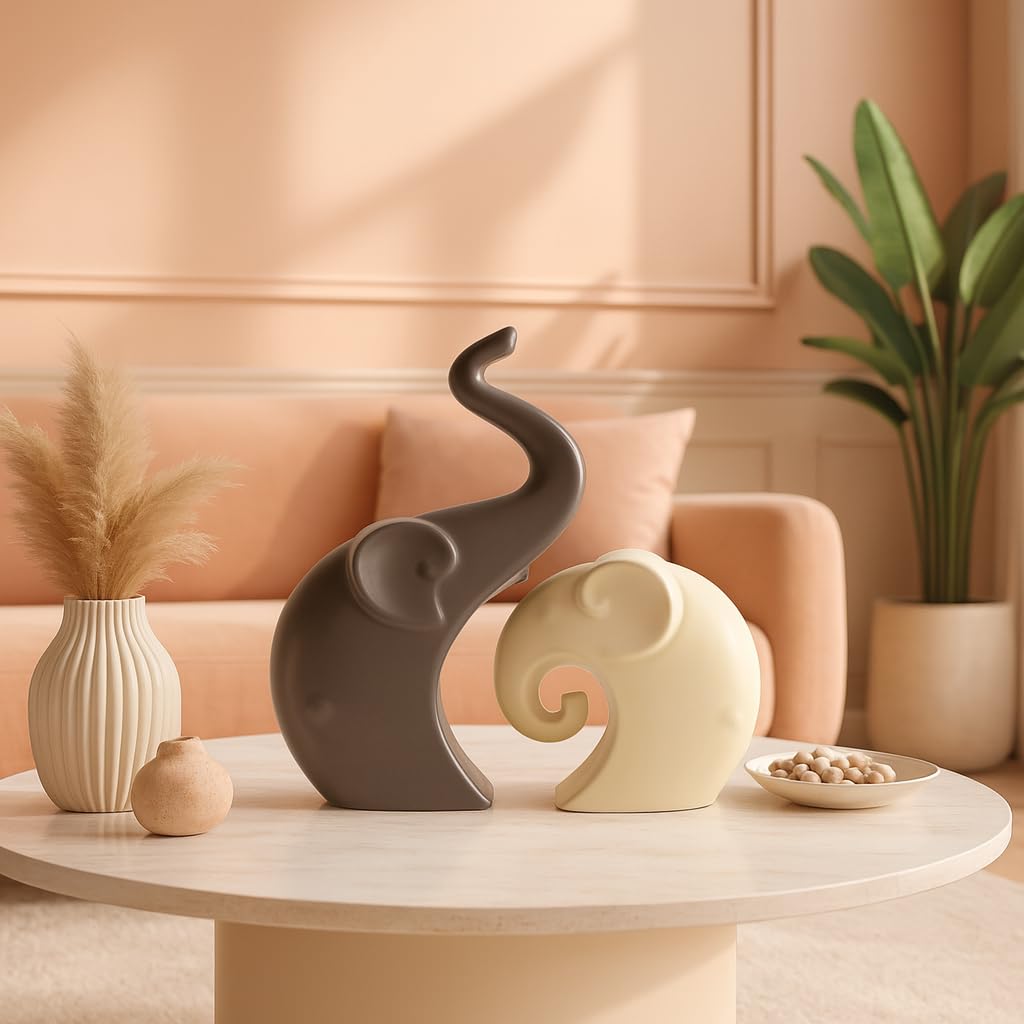 LADROX Lavish Matte Home Décor Elephant Set | Ceramic Figurines - (Set of 2 Piece, Brown Cream)