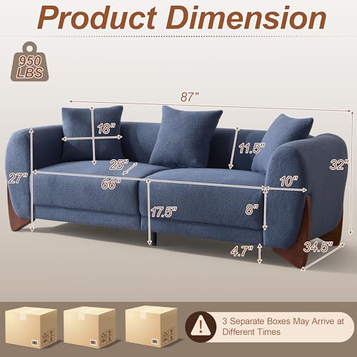Image of 87 inch Sherpa Boucle Cloud Couch Modern 3 Seater Sofa with Solid Wood Legs, 25 inch Extra Deep Seat, Comfy Thick Cushion Upholstered Sofa Couches with 3 Pillows for Living Room, Blue