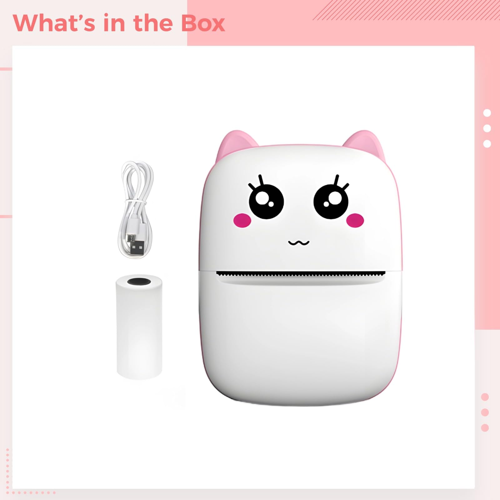 Imprimante sans encre, imprimante d'erreur portable en forme de tête de chat rose, petite imprimante sans fil pour étudiants, rouleau de papier thermique et câble USB inclus