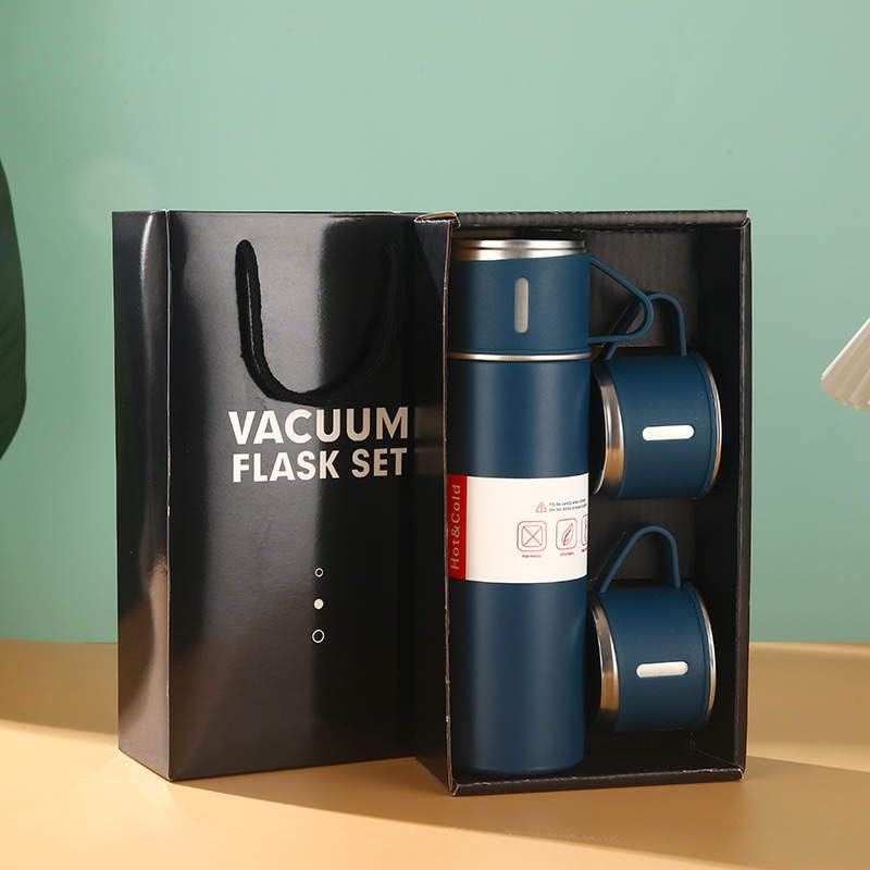 Termo al vacío de acero inoxidable con tapa a prueba de fugas, botella de agua con 2 tazas para café caliente, té y bebidas frías. (azul)