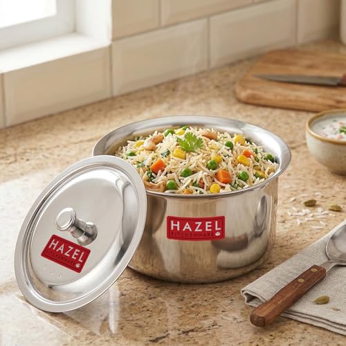 Image of HAZEL Stainless Steel Patila with Lid Cooking Vessel, 1100ml | Mirror Finish Cooking Pot | Durable Induction & Gas Compatible Bhagona /Tope for Boiling Milk, Tea, and Cooking | Silver