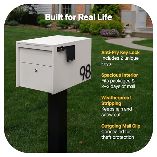 Image of Adoorn Lockable Post Mount Mailboxes for Outside - Small Anti-Theft Locking Mailbox for Packages and Letters - Weatherproof Construction - Durable Steel - 12 inch H x 12 inch W x 18.5 inch D - Sandstone