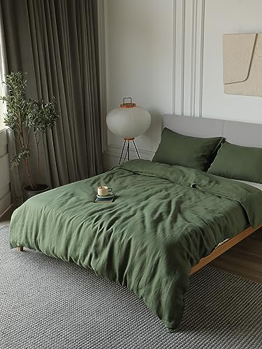 Image of XZ XIFA 100% Washed French Flax Linen Duvet Cover Set - 3 Pieces, Cooling & Textured Farmhouse Bedding for Hot Sleepers, with Zipper Closure (Green, Full)