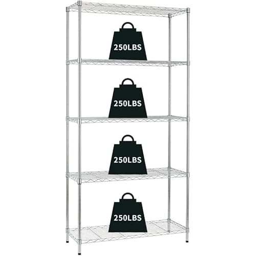 5-Tier Adjustable Wire Shelving Heavy Duty Storage Rack (250 Lbs Loading Capacity) - Chrome Metal Shelf Organizer for Pantry, Garage, Kitchen - 36" D x 14" W x 72" H