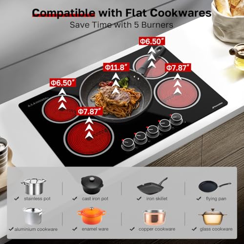ThermoMate 30 Inch Electric Cooktop, 5 Burners Knob Control Built-in Ceramic Cooktop, 30\" Radiant Electric Stove Top of 9000W with 9 Heat Levels, Hot Surface Indicator, 220-240v, Hard Wired