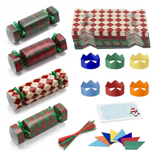 MORAINJAY 32 Pcs Make Your Own Christmas Crackers DIY Christmas Cracker Kit Empty Boxes with Hats Jokes for Xmas Party Table Favors Holiday Dinner Decorations
