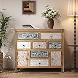 DAPHOHAVEN Farmhouse Boho Accent Cabinet with 7 Drawers & 2 Doors, Vintage Solid Wood Storage Console for Living Room, Entryway, Hallway, Hand-Carved Distressed Finish, 36.22 Inch