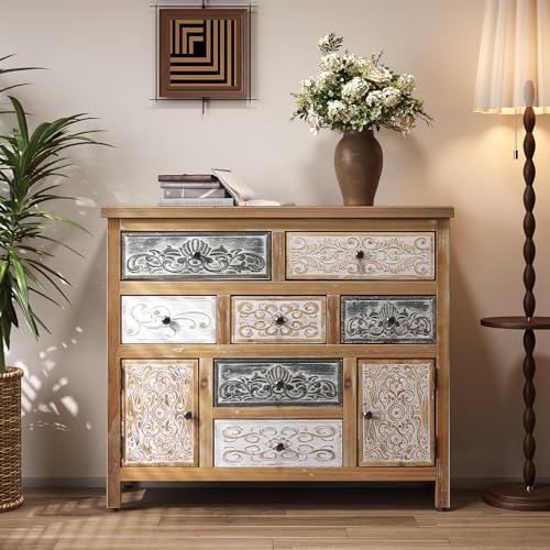 Image of Farmhouse Boho Accent Cabinet with 7 Drawers and 2 Doors, Vintage Storage Cabinet with Solid Wood Frame, Hand-Carved Distressed Console Cabinet for Living Room, Entryway, Hallway, 39.37 Inch Wide