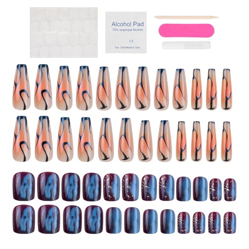 Set Unghie Finte 2 IN 1 | 48 Pezzi Unghie & Coffin con Colla | Unghie Artificiali Acriliche Lucide Riutilizzabili per Donne e Ragazze