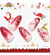 GLAMERMAID Christmas Press on Nails Medium Almond,Red False Nails with Gothic Ombre Design,Gel Gl...