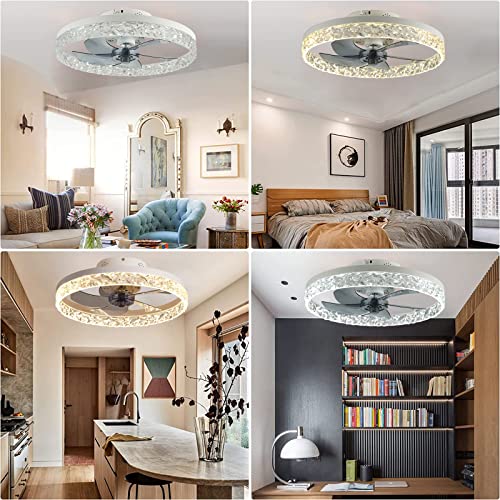Jlpan Ceiling Fan With Lights, Led Remote Control 3 Color Dimmable 6 Wind Speeds Reversible Rotate, Invisible Blades Flush Mount Ceiling Light, Low Profile Enclosed Ceiling Fan,19.7'', White #TOP5