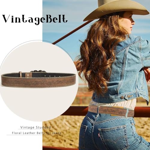 Women's Western Belt Vintage Studded Floral Leather Belts for Jeans Pant Dress4