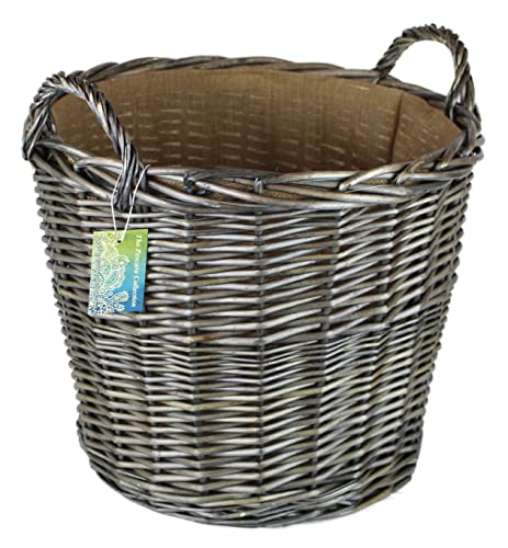 Round Grey & Antiqued Wicker log baskets. Hessian lined. Wood & kindling storage for home hearths and fireplace. Large wood burner bin (Wicker Handle, 51 cm)