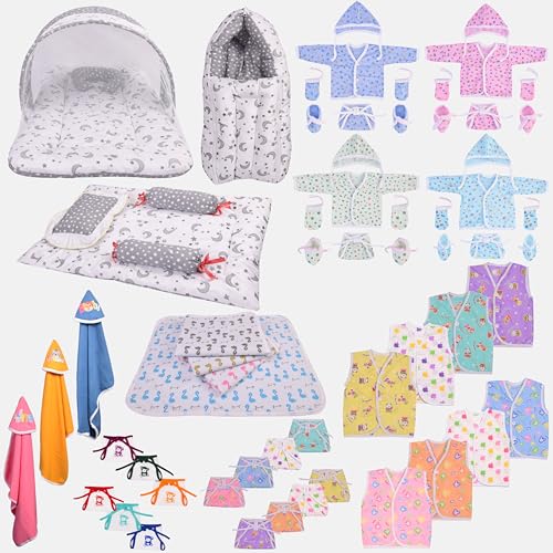 Image of Toddylon New Born Baby Essentials Kit 56 Combo Set (0-6 Months) | Newborn Hospital Bag Kit | Infant Combo Set for New Born Newborns Baby Dress & Clothing Set Infants Essentials Kit (Grey)
