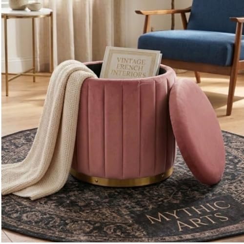 Image of Superior Round Storage Ottoman Stool 13 X 13X 16 inch, with Gold Metal Base | Elegant Pouffe with Secret Storage | Cushioned Footrest for Living Room, Bedroom, and Lounge Pink
