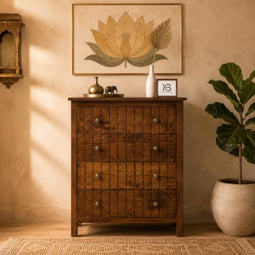 Image of Solid Wood Madrid Chest of Drawers | Drawer Chest with 4 Drawers | Wooden Drawer Storage Cabinet | Finish- Brown