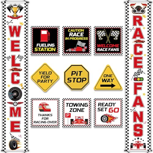 Race Car Birthday Party Banner Checkered Flags 9 Cars Party Signs for Car Birthday Party Decoration Set Racing Fans Welcome Porch Sign for Boys Let's Go Racing Party Supplies for Kids Race Fans