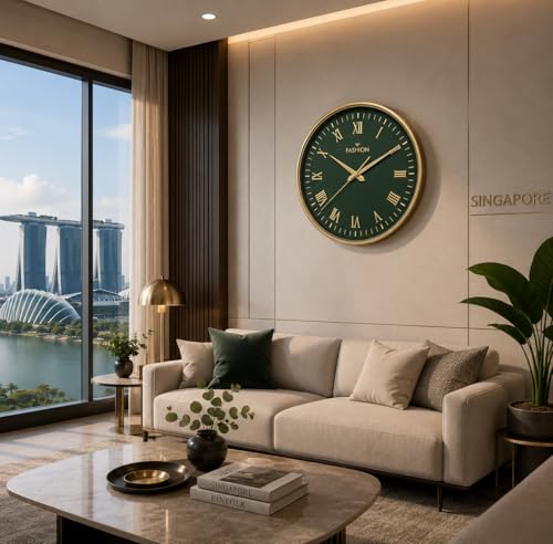 Image of Elica Fashion Round Wall Clock, Green & Gold, Roman Numerals, Decorative Home Decor for Living Room (Gold-RF)