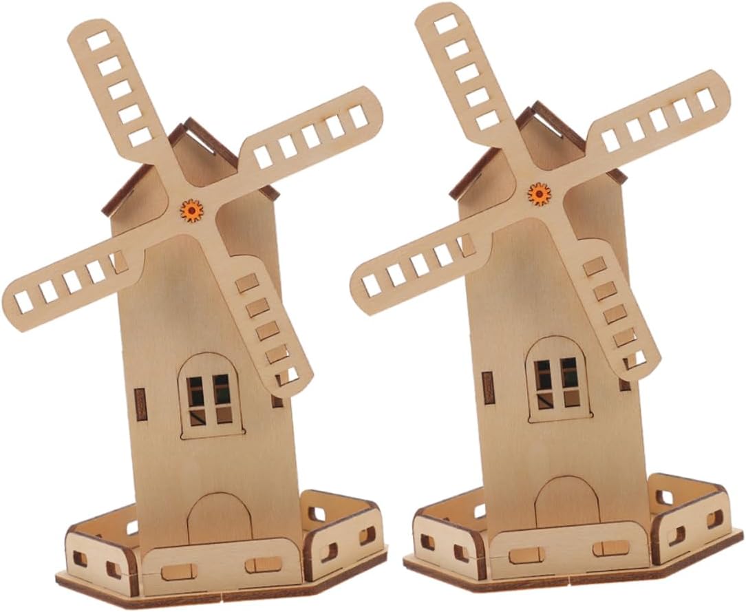 2sets Solar Windmill Toy Kit of Solar-Powered Wooden Assembly Toys for Boy Girl Science Learning and Observation Skills for Birthdays and Educational Play