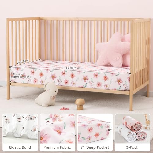 Image of david's kids 3 Pack Fitted Crib Sheets, Ultra Soft Breathable Comfortable Baby Sheet Set for Boys Girls Neutral, 28x52 Inch Fits Standard Crib and Toddler Mattresses, Floral