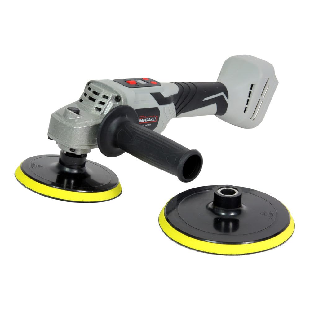 Dino KRAFTPAKET 18V Bürstenlose Akku Poliermaschine für Auto mit 125mm + 150mm Stützteller im Set mit 2 x 4Ah Akku und Ladegerät, Motor bürstenlos (Brushless Akkupoliermaschine)