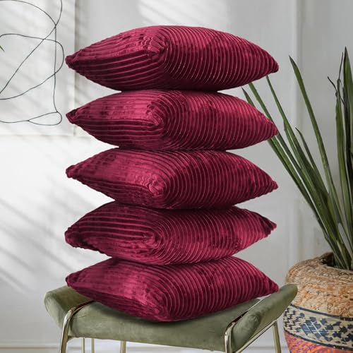 Image of RD TREND Cushion Cover Set of 5, Decorative Sofa Living Room Home Square Cushion Covers 18 Inch x 18 Inch, Aesthetic Corduroy Striped Double Sided (Marron,Pack of 5)