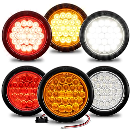 TRUE MODS 2 Red + 2 Amber + 2 White 4" Round 24 LED Trailer Tail Light Kit DOT Certified [Grommet & Plug] IP67 Waterproof Stop Brake Turn Reverse Backup Trailer Light For RV Semi Truck Flat Bed Camper