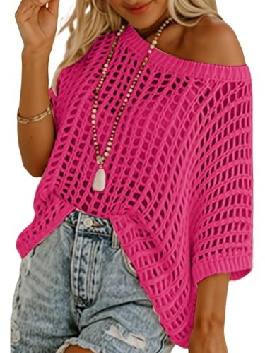 Image of Crochet Tops for Women Off The Shoulder Beach Coverup for Swimsuit Oversized Hollow Out Summer Tops