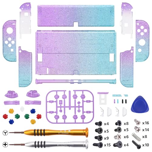 Image of eXtremeRate DIY Full Set Shell Buttons for Nintendo Switch OLED, Replacement Console Back Plate & Kickstand Custom Case Housing for Switch OLED JoyCon - Glitter Gradient Translucent Bluebell & Blue
