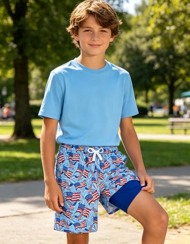 ZenGents Boys American Flag Swim Trunks Size 10-12 Kids Bathing Suits 4th of July Swim Shorts Board Shorts Teen Swimming Shorts with Pockets 10 12 Years — view 2