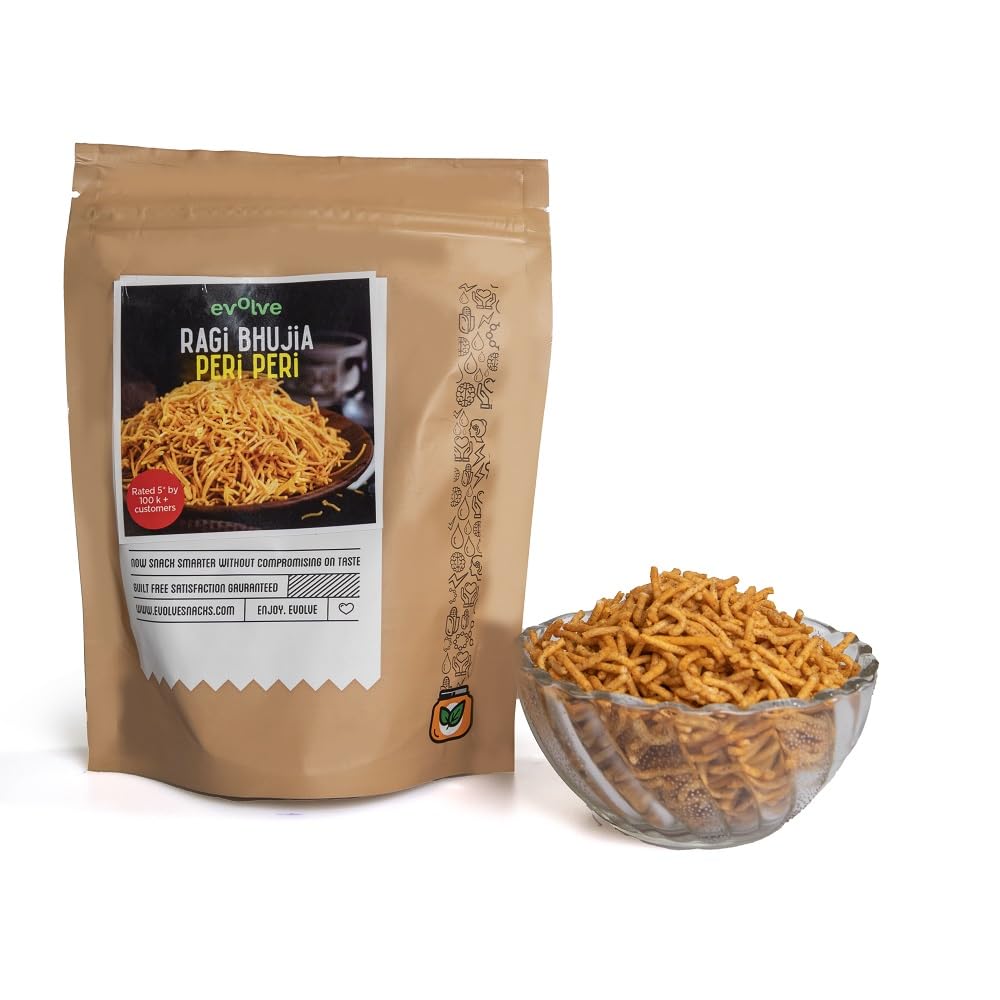 Evolve Snacks Peri Peri Ragi Bhujia – 200g | Vacuum Cooked | High Fiber, Low Sodium | Gluten-Free, Healthy Millet Snack | All-Natural Ingredients | Crunchy & Spicy Namkeen