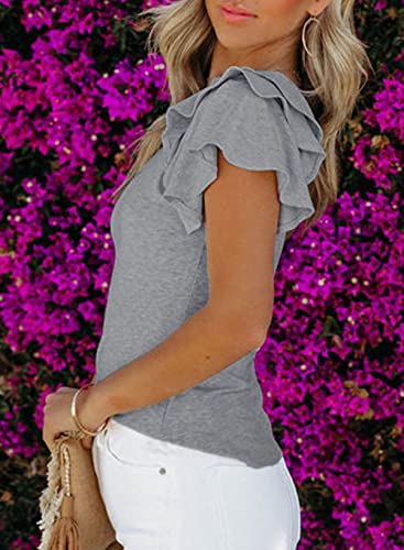 Shewin Summer Tops For Women Casual Short Ruffle Sleeve Tshirts Shirts For Women 2023 Grey L #TOP1