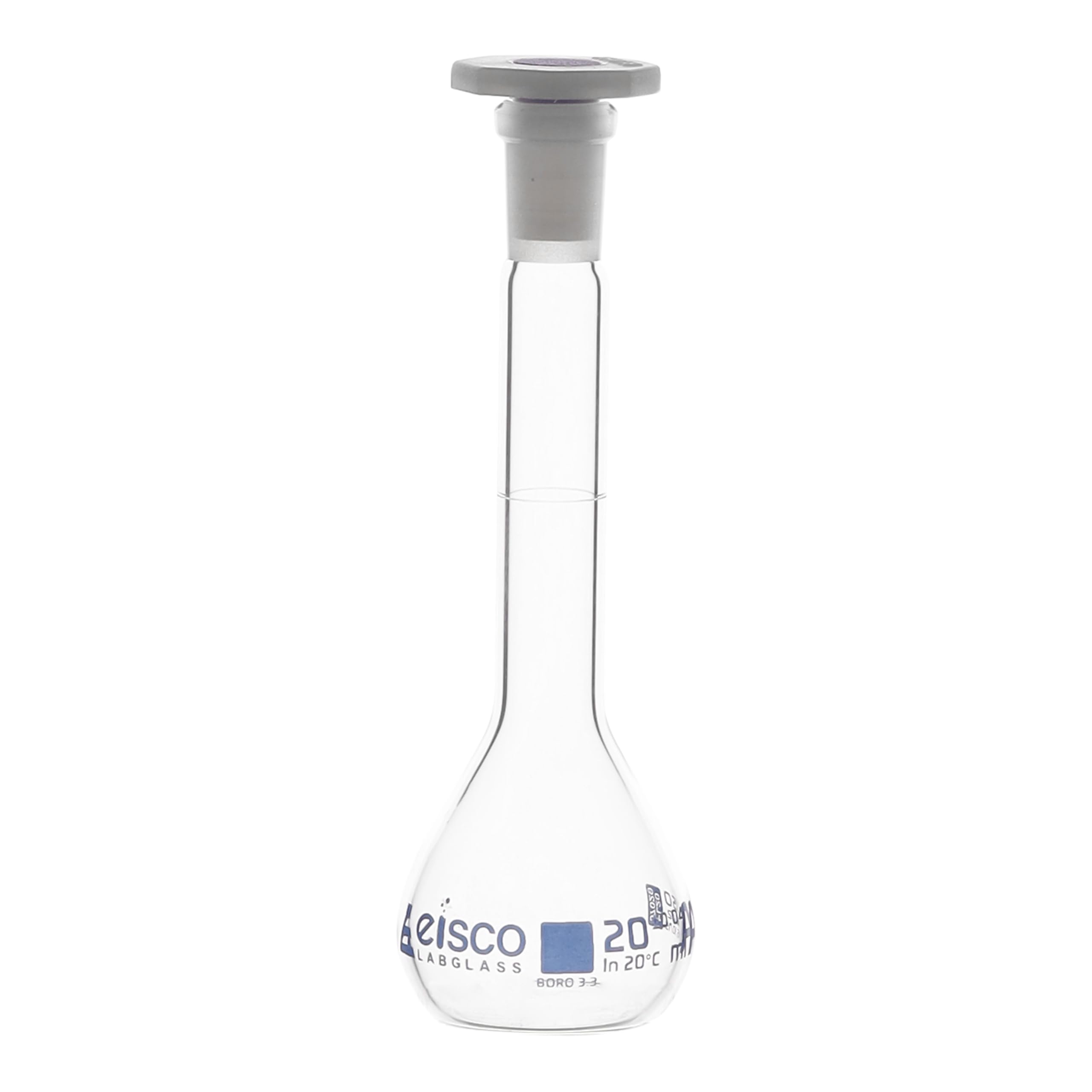 Eisco Labs - Flacone volumetrico, 20 ml, classe A, tappo in polipropilene 10/19, vetro borosilicato, graduazione blu, tolleranza ± 0,040