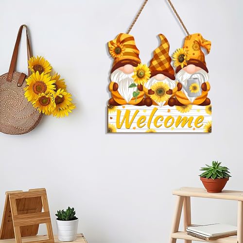 Sunflower Gnomes Welcome Door Sign,Summer Sunflower Wooden Hanging Sign for Front Door Decor, Summer Holiday Decorations for Kitchen Porch Window Wall Farmhouse Indoor Outdoor