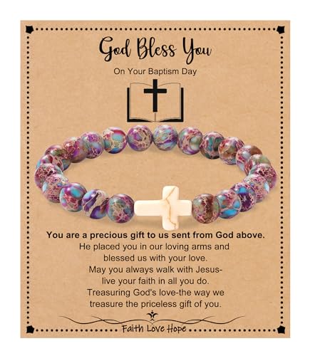 Image of Cross Bracelets for Women, Christian Gifts for Women Stocking Stuffers for Teens Cross Bracelet Imperial Nature Stone Bead Bracelet Confirmation Baptism Gift for Teen Girls Christmas Religious Gift Cathlic Faith Jewelry