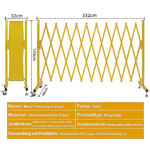 OUUTMEE Scherengitter ausziehbar, maximaler Breite 330cm x Höhe 120 cm, Teleskop-Tor, Baustelle/Bahnhof/Schule/Garage, Gitter-Akkordeon-Zaun, Zauntor (leicht, kompakt) Gelb