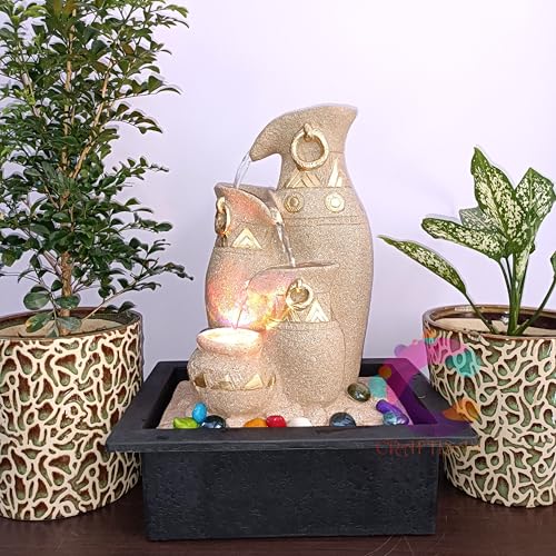 Image of Polyresin Designer Table Top Four Tier Fountain in Yellow Stone for Indoor, Outdoor, Home & Office Decor with Multicolour LED Light and Water Flow Control Pump (C-065, Jug & Matki)