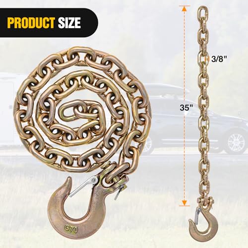 Image of Nilight 3 /8 inch X 35 inch Trailer Safety Chain 2pcs Grade 70 Towing Chain with Clevis Snap Hooks 26400lbs Break Strength use for Trailer, RV,and Boat Towing and Gooseneck Couplers