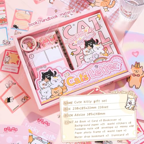 Image of The AutoStory Cute Feline Scrapbook Kit A6 Junk Journal Notebook Kawaii Animal Stickers Pet Collage Papers Washi Tape DIY Art Diary Crafting Supply Gifts Teen Girls (Cat's Letter, Pink)