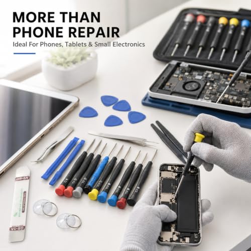 Image of 25 Pcs Mobile Repair Tool Kit, Precision Screwdriver Pry Opening Set with Suction Cups, Tweezers & Spudger for iPhone, Android Phone, Laptop, Tablet & Electronics DIY Repair