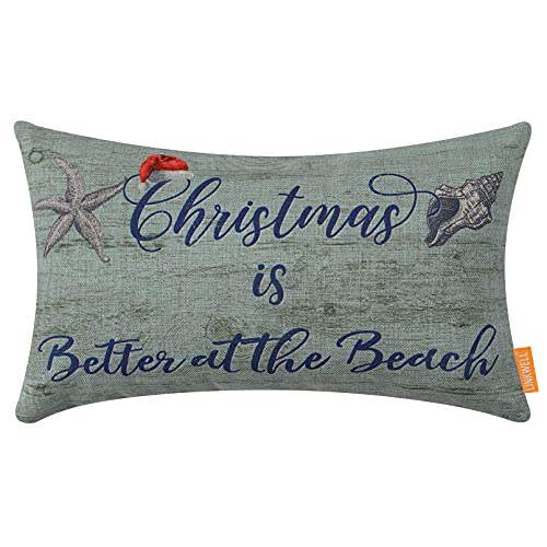 LINKWELL Beach Christmas Decorations Pillow Cover 12x20 Christmas is Better at The Beach Decor Vintage Wood Coastal Nautical Xmas Cushion Cover Pillowcase CC1849