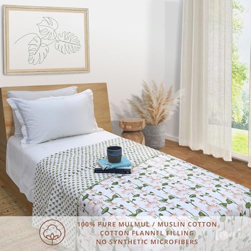 Image of TOAIArt Premium Jaipuri Dohar | AC Blanket Summer Quilt | Hand Block Printed | 3 Layers | Reversible | 150GSM 100% Mulmul Cotton | 100% Cotton Flannel Filling | Single 60 inch X 90 inch | Lotus Vines