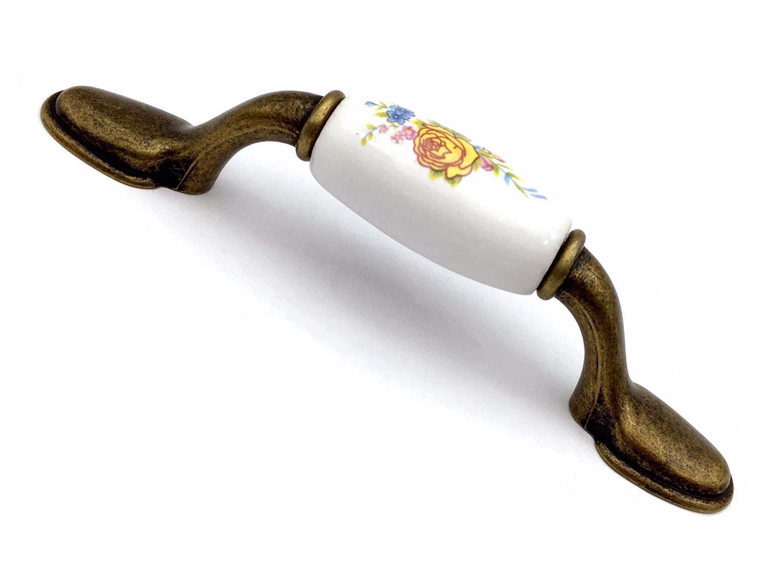 Poignée de meuble fleur jaune entraxe 76 mm en bronze antique