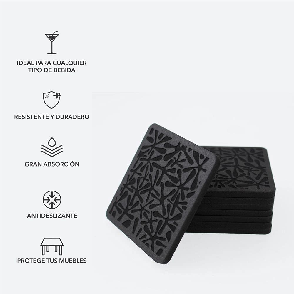 NOMU Coasters. High Density EVA Foam - 8 Pack Set with Holder. Dustproof semi-Glossy Finish. (Blob) (Basic) Made in Mexico. Black