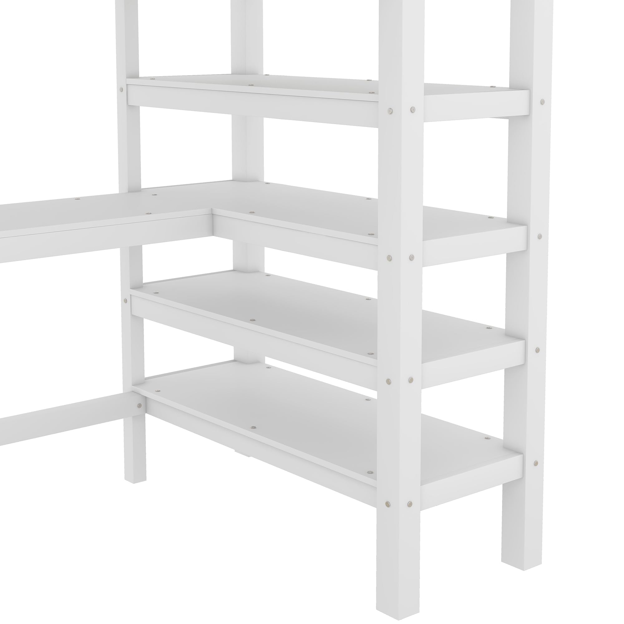 Letto a castello, letto a soppalco per bambini con rete a doghe in legno, con scale, ripiani e scrivania sotto il letto (bianco, 90 x 200 cm)