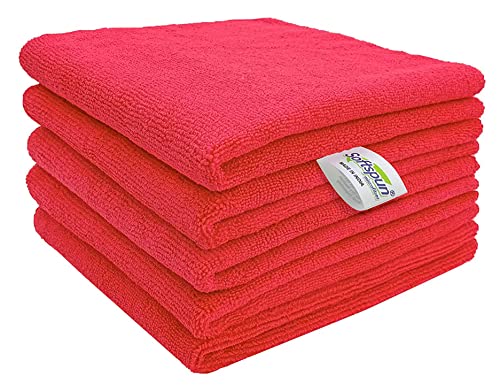 Image of SOFTSPUN Microfiber Cleaning Cloths, 50X50 cms 5 pcs Towel Set 340 GSM Red! Highly Absorbent Lint and Streak Free Multipurpose Wash Cloth for Kitchen Car Window Stainless Steel Silverware.