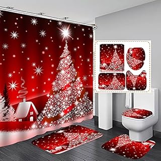 4 Pcs Christmas Shower Curtain Set with Bath Mat,Rugs and Toilet Mat for Bathroom, Waterproof Red Xmas Shower Curtain with 12 Hooks for Home Hotel Decoration